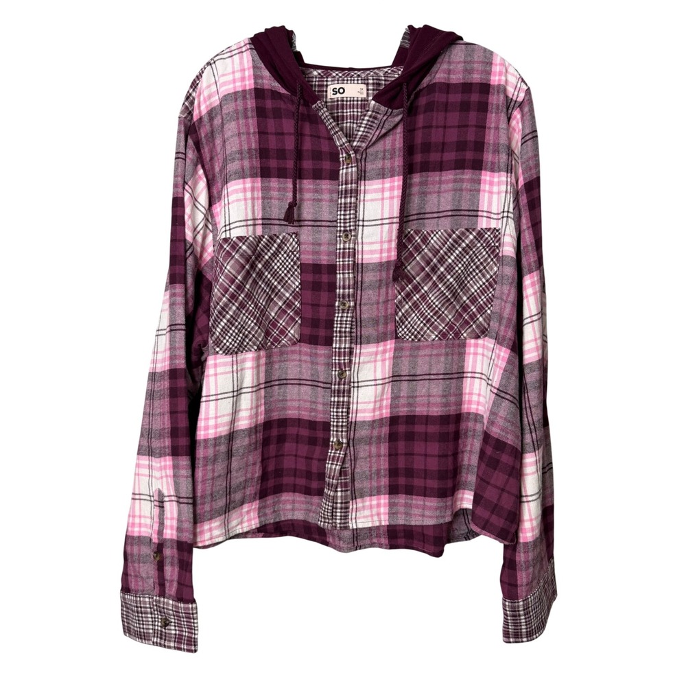 So Shacket Shirt Jacket Womens Plus Size 3X Pink Cropped Flannel Hooded Boxy